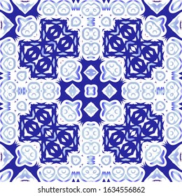 Antique azulejo tiles patchwork. Vector seamless pattern frame. Kitchen design. Blue spain and portuguese decor for bags, smartphone cases, T-shirts, linens or scrapbooking.