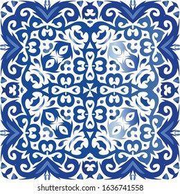 Antique azulejo tiles patchwork. Vector seamless pattern texture. Original design. Blue spain and portuguese decor for bags, smartphone cases, T-shirts, linens or scrapbooking.