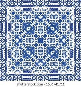 Antique azulejo tiles patchwork. Vector seamless pattern poster. Graphic design. Blue spain and portuguese decor for bags, smartphone cases, T-shirts, linens or scrapbooking.