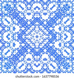 Antique azulejo tiles patchwork. Vector seamless pattern theme. Bathroom design. Blue spain and portuguese decor for bags, smartphone cases, T-shirts, linens or scrapbooking.