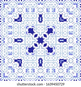 Antique azulejo tiles patchwork. Vector seamless pattern frame. Kitchen design. Blue spain and portuguese decor for bags, smartphone cases, T-shirts, linens or scrapbooking.