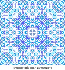 Antique azulejo tiles patchwork. Vector seamless pattern theme. Fashionable design. Blue spain and portuguese decor for bags, smartphone cases, T-shirts, linens or scrapbooking.
