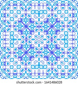 Antique azulejo tiles patchwork. Vector seamless pattern theme. Fashionable design. Blue spain and portuguese decor for bags, smartphone cases, T-shirts, linens or scrapbooking.