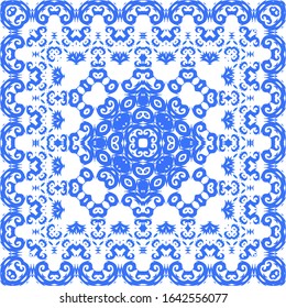 Antique azulejo tiles patchwork. Vector seamless pattern theme. Bathroom design. Blue spain and portuguese decor for bags, smartphone cases, T-shirts, linens or scrapbooking.