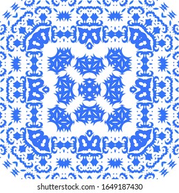 Antique azulejo tiles patchwork. Vector seamless pattern theme. Bathroom design. Blue spain and portuguese decor for bags, smartphone cases, T-shirts, linens or scrapbooking.