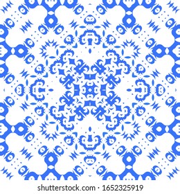 Antique azulejo tiles patchwork. Vector seamless pattern theme. Bathroom design. Blue spain and portuguese decor for bags, smartphone cases, T-shirts, linens or scrapbooking.