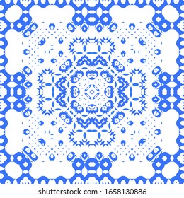 Antique azulejo tiles patchwork. Vector seamless pattern theme. Bathroom design. Blue spain and portuguese decor for bags, smartphone cases, T-shirts, linens or scrapbooking.