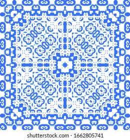 Antique azulejo tiles patchwork. Vector seamless pattern theme. Bathroom design. Blue spain and portuguese decor for bags, smartphone cases, T-shirts, linens or scrapbooking.