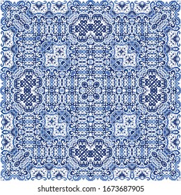 Antique azulejo tiles patchwork. Vector seamless pattern theme. Kitchen design. Blue spain and portuguese decor for bags, smartphone cases, T-shirts, linens or scrapbooking.