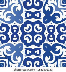 Antique azulejo tiles patchwork. Vector seamless pattern watercolor. Original design. Blue spain and portuguese decor for bags, smartphone cases, T-shirts, linens or scrapbooking.