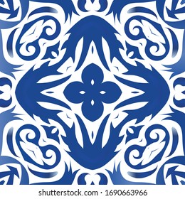 Antique azulejo tiles patchwork. Vector seamless pattern watercolor. Universal design. Blue spain and portuguese decor for bags, smartphone cases, T-shirts, linens or scrapbooking.