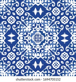Antique azulejo tiles patchwork. Vector seamless pattern illustration. Colored design. Blue spain and portuguese decor for bags, smartphone cases, T-shirts, linens or scrapbooking.