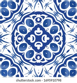 Antique azulejo tiles patchwork. Vector seamless pattern trellis. Modern design. Blue spain and portuguese decor for bags, smartphone cases, T-shirts, linens or scrapbooking.