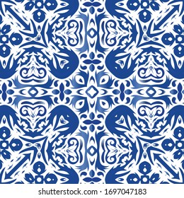 Antique azulejo tiles patchwork. Vector seamless pattern illustration. Original design. Blue spain and portuguese decor for bags, smartphone cases, T-shirts, linens or scrapbooking.