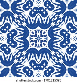 Antique azulejo tiles patchwork. Vector seamless pattern watercolor. Graphic design. Blue spain and portuguese decor for bags, smartphone cases, T-shirts, linens or scrapbooking.