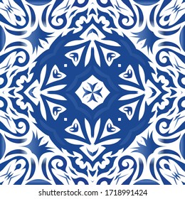 Antique azulejo tiles patchwork. Vector seamless pattern poster. Original design. Blue spain and portuguese decor for bags, smartphone cases, T-shirts, linens or scrapbooking.