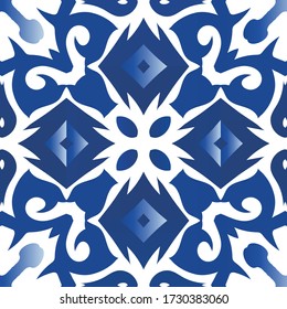 Antique azulejo tiles patchwork. Vector seamless pattern trellis. Hand drawn design. Blue spain and portuguese decor for bags, smartphone cases, T-shirts, linens or scrapbooking.