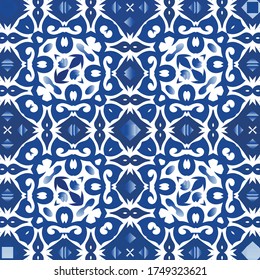 Antique azulejo tiles patchwork. Vector seamless pattern template. Hand drawn design. Blue spain and portuguese decor for bags, smartphone cases, T-shirts, linens or scrapbooking.