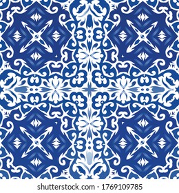 Antique azulejo tiles patchwork. Vector seamless pattern flyer. Graphic design. Blue spain and portuguese decor for bags, smartphone cases, T-shirts, linens or scrapbooking.