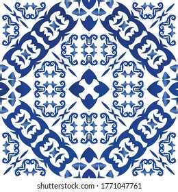 Antique azulejo tiles patchwork. Vector seamless pattern illustration. Stylish design. Blue spain and portuguese decor for bags, smartphone cases, T-shirts, linens or scrapbooking.