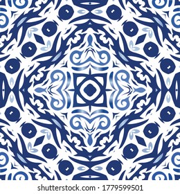 Antique azulejo tiles patchwork. Vector seamless pattern theme. Minimal design. Blue spain and portuguese decor for bags, smartphone cases, T-shirts, linens or scrapbooking.