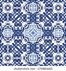Antique azulejo tiles patchwork. Vector seamless pattern theme. Minimal design. Blue spain and portuguese decor for bags, smartphone cases, T-shirts, linens or scrapbooking.