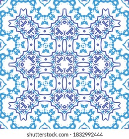 Antique azulejo tiles patchwork. Vector seamless pattern theme. Fashionable design. Blue spain and portuguese decor for bags, smartphone cases, T-shirts, linens or scrapbooking.