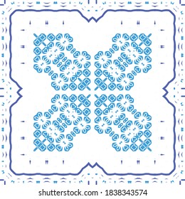 Antique azulejo tiles patchwork. Vector seamless pattern theme. Fashionable design. Blue spain and portuguese decor for bags, smartphone cases, T-shirts, linens or scrapbooking.