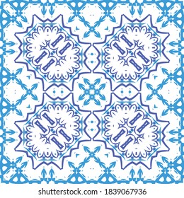 Antique azulejo tiles patchwork. Vector seamless pattern theme. Fashionable design. Blue spain and portuguese decor for bags, smartphone cases, T-shirts, linens or scrapbooking.