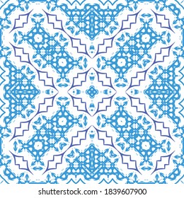 Antique azulejo tiles patchwork. Vector seamless pattern theme. Fashionable design. Blue spain and portuguese decor for bags, smartphone cases, T-shirts, linens or scrapbooking.