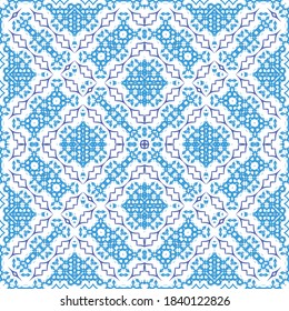 Antique azulejo tiles patchwork. Vector seamless pattern theme. Fashionable design. Blue spain and portuguese decor for bags, smartphone cases, T-shirts, linens or scrapbooking.