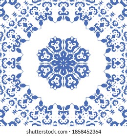 Antique azulejo tiles patchwork. Vector seamless pattern theme. Bathroom design. Blue spain and portuguese decor for bags, smartphone cases, T-shirts, linens or scrapbooking.