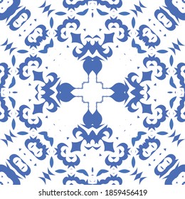 Antique azulejo tiles patchwork. Vector seamless pattern theme. Bathroom design. Blue spain and portuguese decor for bags, smartphone cases, T-shirts, linens or scrapbooking.