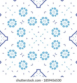 Antique azulejo tiles patchwork. Vector seamless pattern theme. Fashionable design. Blue spain and portuguese decor for bags, smartphone cases, T-shirts, linens or scrapbooking.