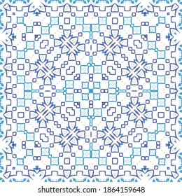 Antique azulejo tiles patchwork. Vector seamless pattern theme. Fashionable design. Blue spain and portuguese decor for bags, smartphone cases, T-shirts, linens or scrapbooking.