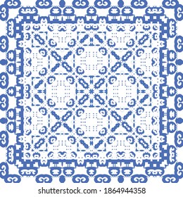 Antique azulejo tiles patchwork. Vector seamless pattern theme. Bathroom design. Blue spain and portuguese decor for bags, smartphone cases, T-shirts, linens or scrapbooking.