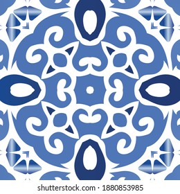 Antique azulejo tiles patchwork. Vector seamless pattern elements. Colored design. Blue spain and portuguese decor for bags, smartphone cases, T-shirts, linens or scrapbooking.