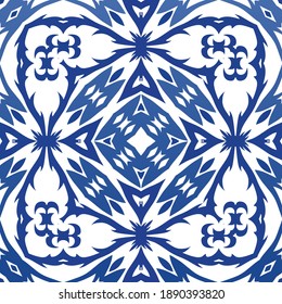 Antique azulejo tiles patchwork. Vector seamless pattern trellis. Geometric design. Blue spain and portuguese decor for bags, smartphone cases, T-shirts, linens or scrapbooking.