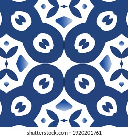 Antique azulejo tiles patchwork. Vector seamless pattern frame. Bathroom design. Blue spain and portuguese decor for bags, smartphone cases, T-shirts, linens or scrapbooking.