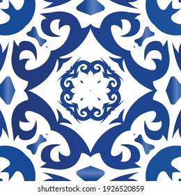 Antique azulejo tiles patchwork. Vector seamless pattern frame. Hand drawn design. Blue spain and portuguese decor for bags, smartphone cases, T-shirts, linens or scrapbooking.