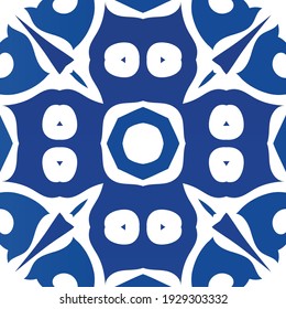 Antique azulejo tiles patchwork. Vector seamless pattern concept. Creative design. Blue spain and portuguese decor for bags, smartphone cases, T-shirts, linens or scrapbooking.