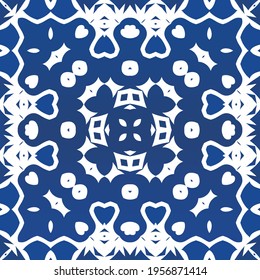 Antique azulejo tiles patchwork. Vector seamless pattern frame. Minimal design. Blue spain and portuguese decor for bags, smartphone cases, T-shirts, linens or scrapbooking.