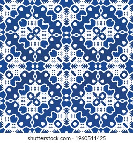 Antique azulejo tiles patchwork. Vector seamless pattern frame. Minimal design. Blue spain and portuguese decor for bags, smartphone cases, T-shirts, linens or scrapbooking.