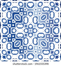 Antique azulejo tiles patchwork. Vector seamless pattern collage. Hand drawn design. Blue spain and portuguese decor for bags, smartphone cases, T-shirts, linens or scrapbooking.