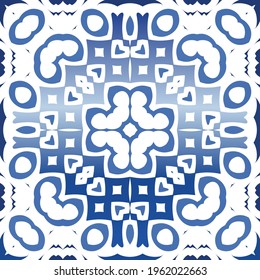 Antique azulejo tiles patchwork. Vector seamless pattern collage. Hand drawn design. Blue spain and portuguese decor for bags, smartphone cases, T-shirts, linens or scrapbooking.