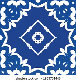 Antique azulejo tiles patchwork. Vector seamless pattern concept. Creative design. Blue spain and portuguese decor for bags, smartphone cases, T-shirts, linens or scrapbooking.