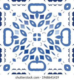 Antique azulejo tiles patchwork. Vector seamless pattern collage. Hand drawn design. Blue spain and portuguese decor for bags, smartphone cases, T-shirts, linens or scrapbooking.