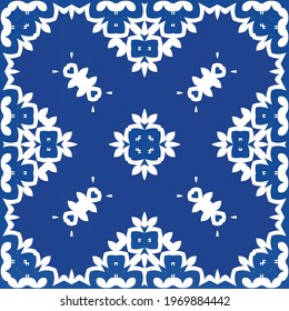 Antique azulejo tiles patchwork. Vector seamless pattern concept. Creative design. Blue spain and portuguese decor for bags, smartphone cases, T-shirts, linens or scrapbooking.