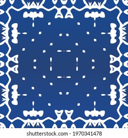 Antique azulejo tiles patchwork. Vector seamless pattern frame. Minimal design. Blue spain and portuguese decor for bags, smartphone cases, T-shirts, linens or scrapbooking.