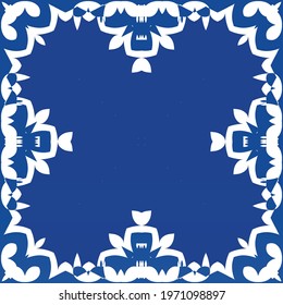 Antique azulejo tiles patchwork. Vector seamless pattern concept. Creative design. Blue spain and portuguese decor for bags, smartphone cases, T-shirts, linens or scrapbooking.